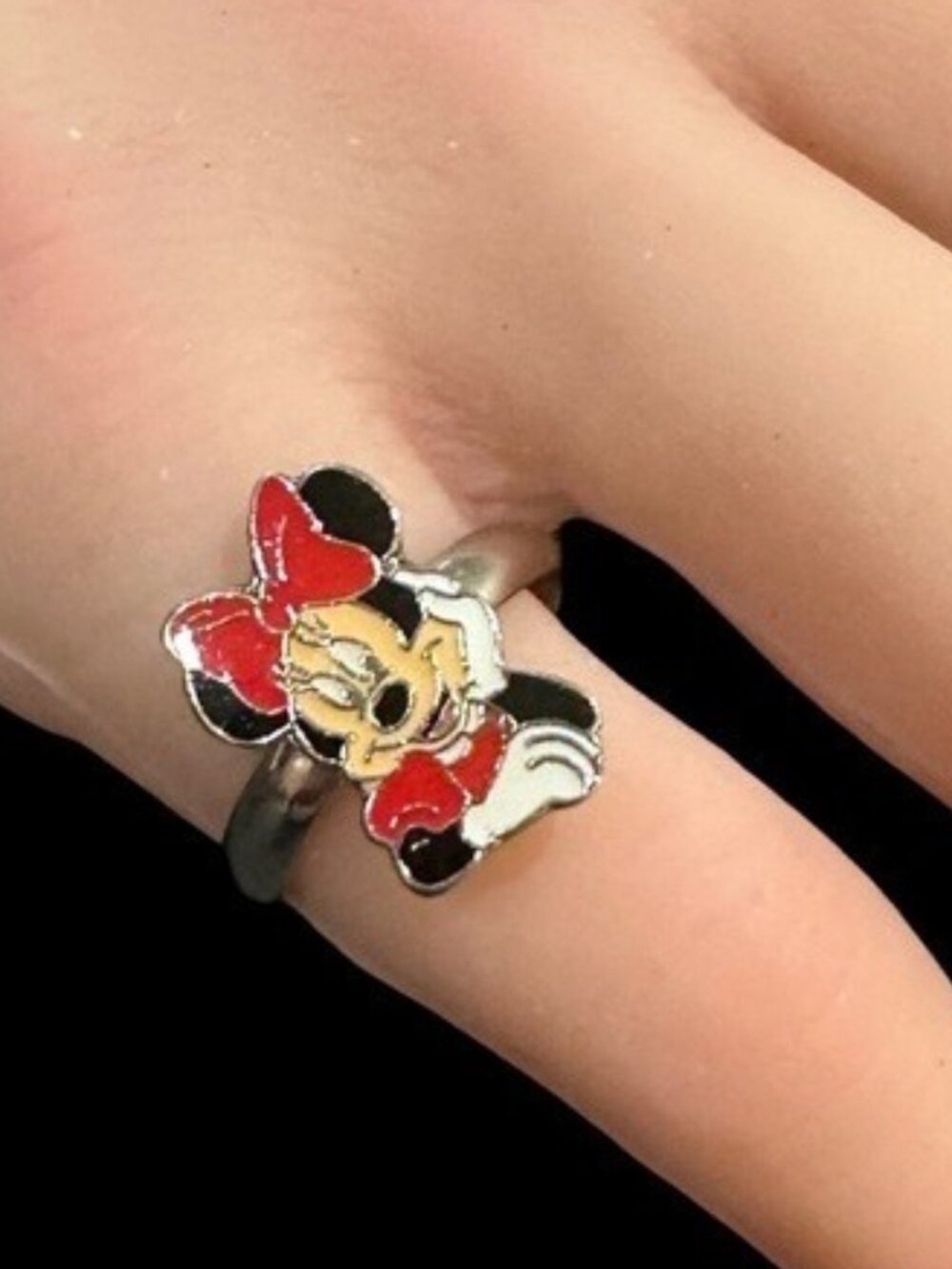 Vintage Disney Ring Minnie Mouse Enamel Red Black Silver Tone Adjustable Size 5